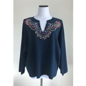 Anthropologie Moth Beaded Split Neck Sweater Sz XL